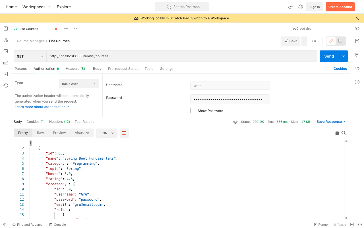 List of courses response for the entered credentials in Postman