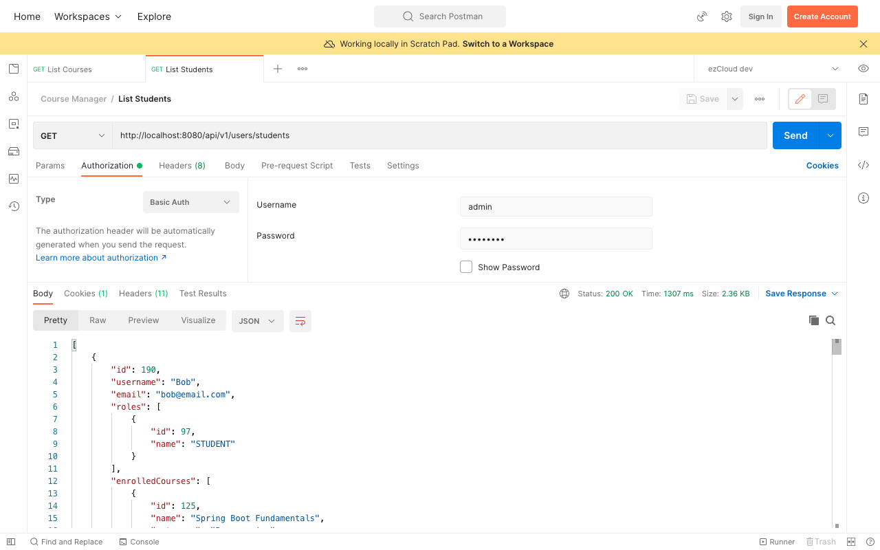 List of students for ADMIN user after mapping Roles