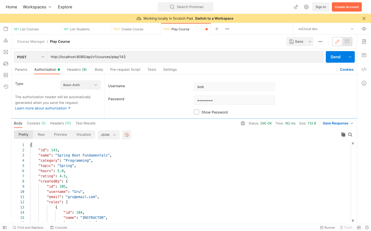 Authorized request to PlayCourse API as Bob for one of his enrolled courses